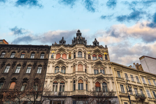 Facade of historic Severa House designed by Erno Schannen around 1900 in Karoly Boulevard, Budapest, Hungary