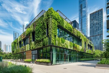 Fototapeta premium Eco-friendly, energy-efficient building designed to minimize environmental impact and promote healthier living.