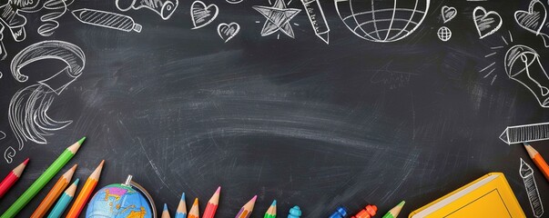 Colorful pencils and school supplies against a blackboard backdrop with chalk drawings. Ideal for educational or back-to-school projects.