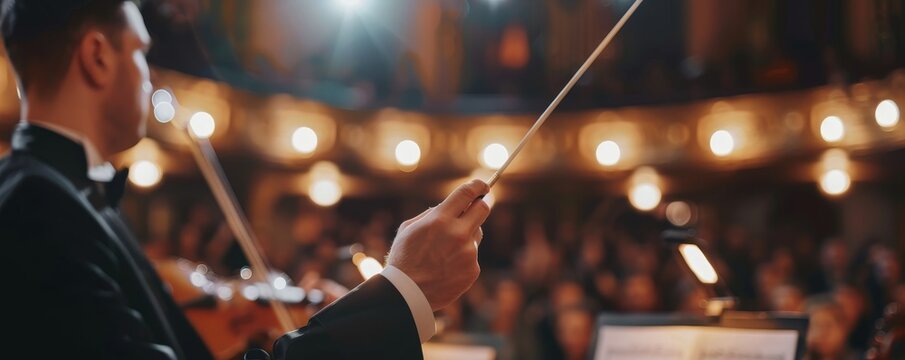 Conductor leading an orchestra in a beautifully lit, elegant theater with a full audience, showcasing the harmony and precision of classical music.