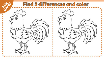 Farm kids game Find 3 differences with cartoon rooster. Spot the differences. Educational activity book. Worksheet for preschool and school children. Vector outline illustration of the cute farm bird. © Alyona-Simona