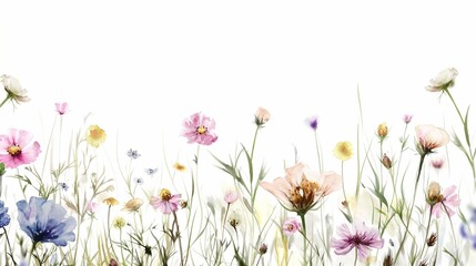 hand drawing watercolor detailed painting field wild flowers on white background