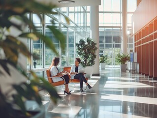Pharmaceutical sales representative talking with doctor in medical building, presenting new medication