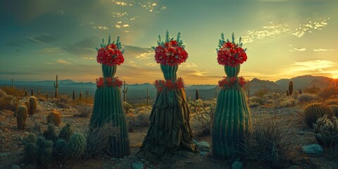 Vivid Sunset Desert Landscape with Cactus Silhouettes and Bouquet Vases
