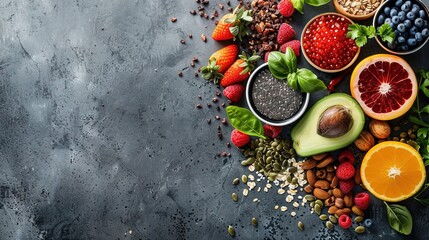 Healthy food clean eating selection: fruit, vegetable, seeds, superfood, cereal, leaf vegetable on gray concrete background