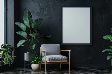 A modern interior with a blank framed poster on a dark wall, accompanied by a stylish armchair and indoor plants