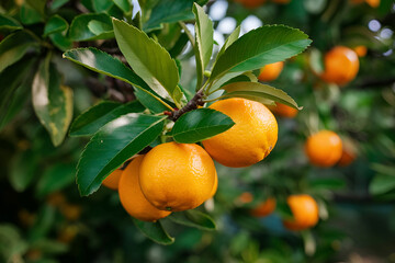 Orange trees with ripe fruits and orange garden views. Ai generative