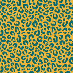 Leopard skin seamless pattern. Green elements on a yellow mustard background. Vector. For fabric, cover, background, case, packaging