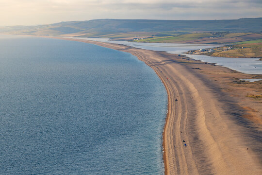 Elevated view of Chesil Beach at sunset, Jurassic Coast, UNESCO World Heritage Site, Dorset, England, United Kingdom