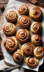 Fototapeta premium Tasty cinnamon rolls, Cinnamon rolls buns christmas baking on a wooden breakfast table and parchment paper.