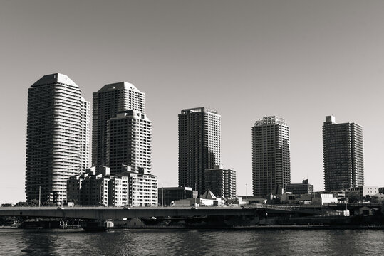 Fototapeta Black and white skyline highrise building of Sumida River, Chuo City, Tokyo, Honshu