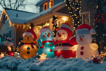 Front Yard with Inflatable Christmas Characters and Colorful Lights

