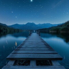 Naklejka premium Serene Nightscape: Wooden Pier over Still Lake, Surrounded by Mountains, Star-filled Sky