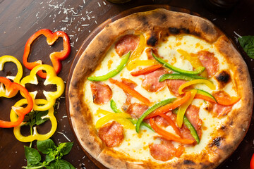 top point of view pizza - Italian Pizza Margherita with tomatoes sauce, black olives, mozzarella and cheese