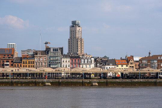 Skyline and River Schelde waterfront, central Antwerp, Belgium