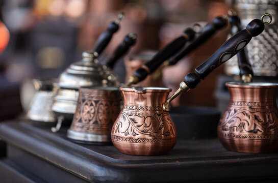Copper craftsmanship, coffee makers, Turkish jezwa, at the Grand Bazaar, Istanbul, Turkey