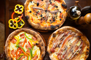 top point of view pizza - Italian Pizza Margherita with tomatoes sauce, black olives, mozzarella and cheese