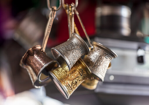 Copper craftsmanship, coffee makers at the Grand Bazaar, Istanbul, Turkey