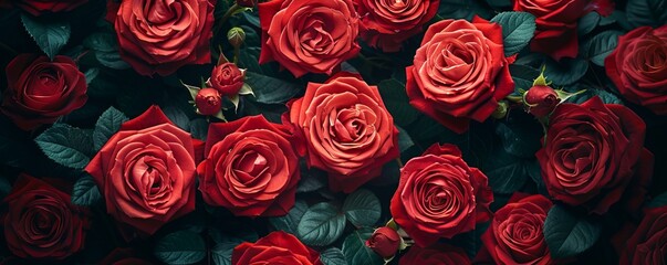 A large bouquet of red roses in the style of Valentine's Day theme, high resolution, hyper realistic photography style, closeup, dark background, top view