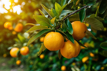 Orange trees with ripe fruits and orange garden views. Ai generative