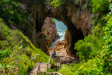 View of the Featherbed sea caves and coastline in Featherbed Nature Reserve, Knysna, Garden Route, Western Cape