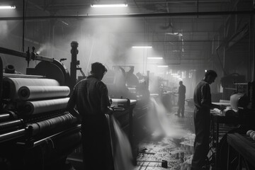 Textile Factory Operations: Steam-Powered Machinery at Work

