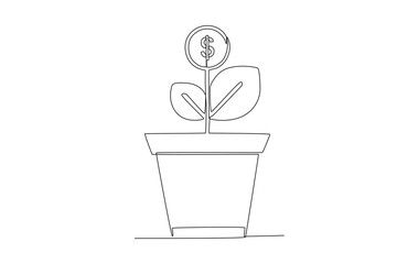 Continuous one line drawing of Money plant in pot, Finance Day concept. Modern continuous line draw design graphic vector illustration
