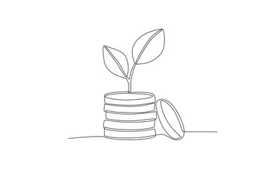 Continuous one line drawing of Money coins covered with leaves, Finance Day concept. Modern continuous line draw design graphic vector illustration
