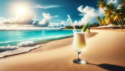 A tropical beach and a glass of Daiquiri cocktail drink