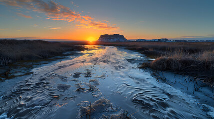 An ultra HD view of a nature alvar at sunrise, the light casting long shadows and highlighting the unique terrain