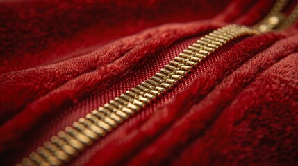 Macro view of a gold metallic zipper on a red velvet skirt, isolated background, studio lighting emphasizing texture