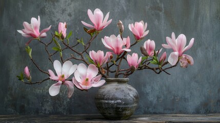Magnolia branches with blooming flowers in a textured stone vase, focusing on the natural elegance of the flowers and the rustic charm of the vase