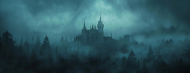 Obraz premium A worms-eye view of a spooky old gothic castle, shrouded in dense fog on a haunted night, perfect for a Halloween background, rendered in photorealistic CG 3D