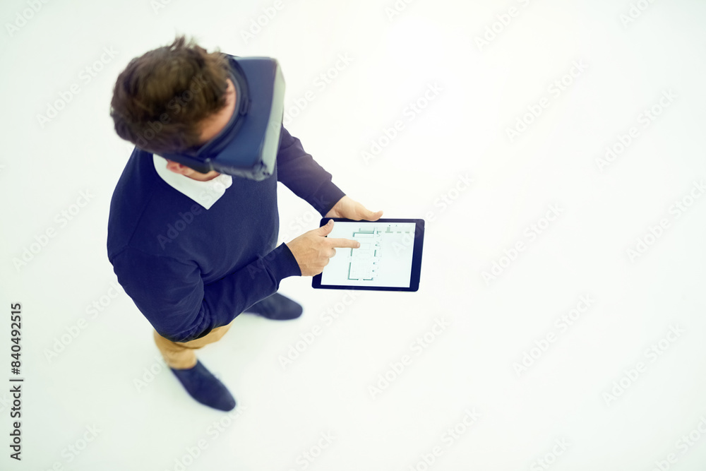 Poster top view, vr glasses and architecture with man, tablet and typing on white studio background. screen