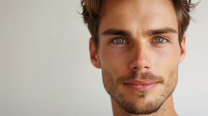 Fototapeta premium Caucasian man looking confidently at the camera, glowing skin, with short brown hair neatly styled, wearing a subtle bronzer and clear lip balm, neutral white background