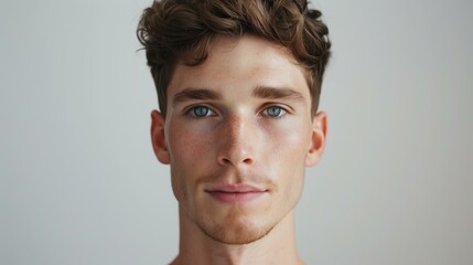 Fototapeta premium Caucasian man looking confidently at the camera, glowing skin, with short brown hair neatly styled, wearing a subtle bronzer and clear lip balm, neutral white background