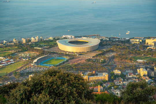 View of DHL Stadium in Cape Town from Signal Hill at sunset, Cape Town, Western Cape