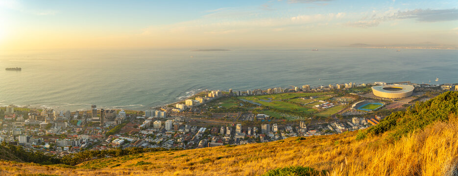 View of Sea Point and DHL Stadium in Cape Town from Signal Hill at sunset, Cape Town, Western Cape