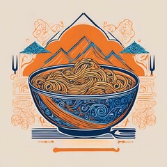 Asian food illustration of noodles in a bowl