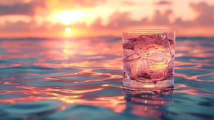 A glass of water sits on the surface of the ocean as the sun sets in the distance, creating a warm and inviting atmosphere.