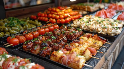 Pinchos and tapas typical of the Basque Country, Spain. Selection of different types of foods to choose from