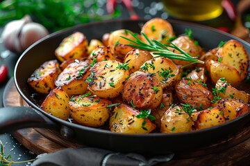  Fried potatoes with herbs in pan on dark background