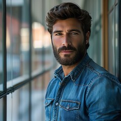 Obraz premium Stylish Bearded Man in Blue Jeans Leaning on Window