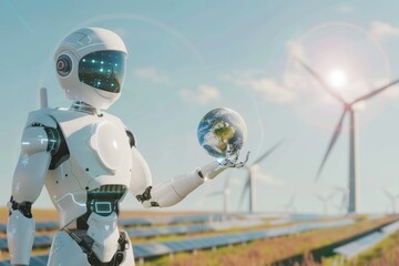 Naklejka premium Robot with a digital globe and wind turbines