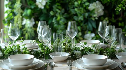 an elegant white dining table adorned with delicate place settings, set against a backdrop of lush greenery and carefully curated plants. 