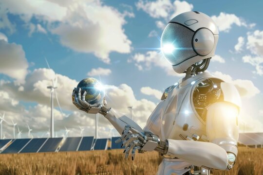 Robot holding a globe with solar and wind energy