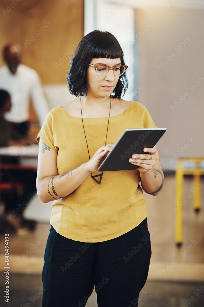 Poster woman, tablet and hallway at startup office with thinking, typing and check notification on web. per