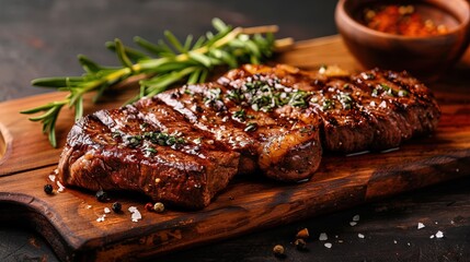 juicy grilled steak with herbs and spices on rustic cutting board. Barbecue