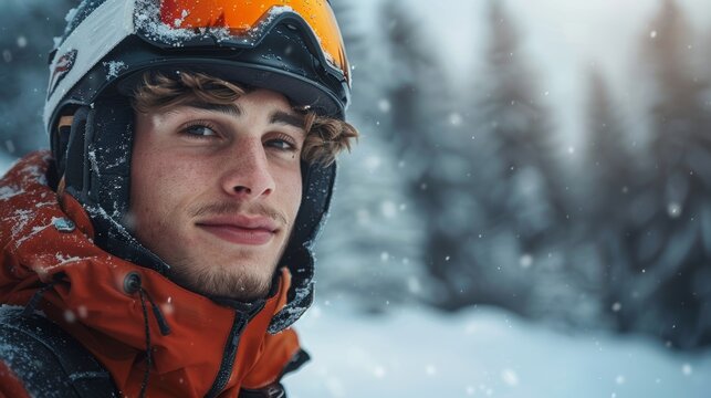beautiful young man guy skiing wearing helmet on a trip outdoor activity in winter snow season holiday or Ice skating 