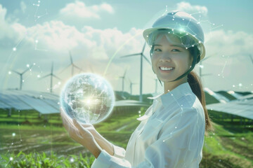 Engineer holding a glowing globe with network